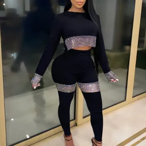 Sequins Patchwork Long Sleeve Top & High Waist Pants