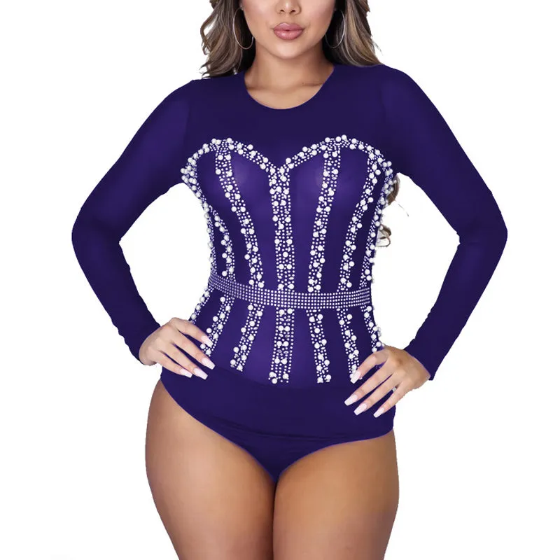Sequins Rhinestone Patchwork Long Sleeve Bodysuit