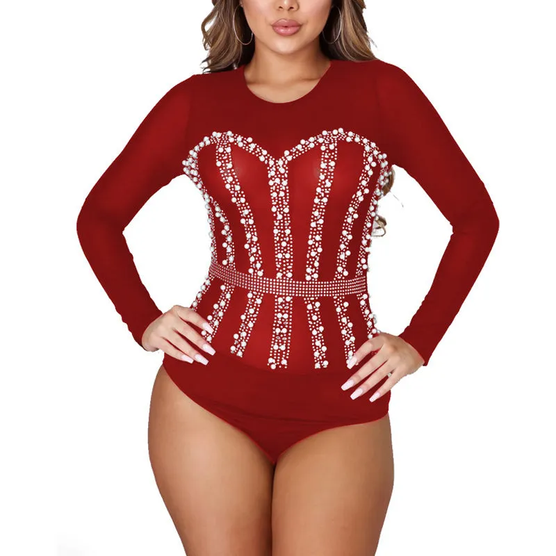 Sequins Rhinestone Patchwork Long Sleeve Bodysuit
