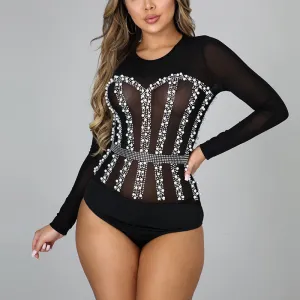 Sequins Rhinestone Patchwork Long Sleeve Bodysuit