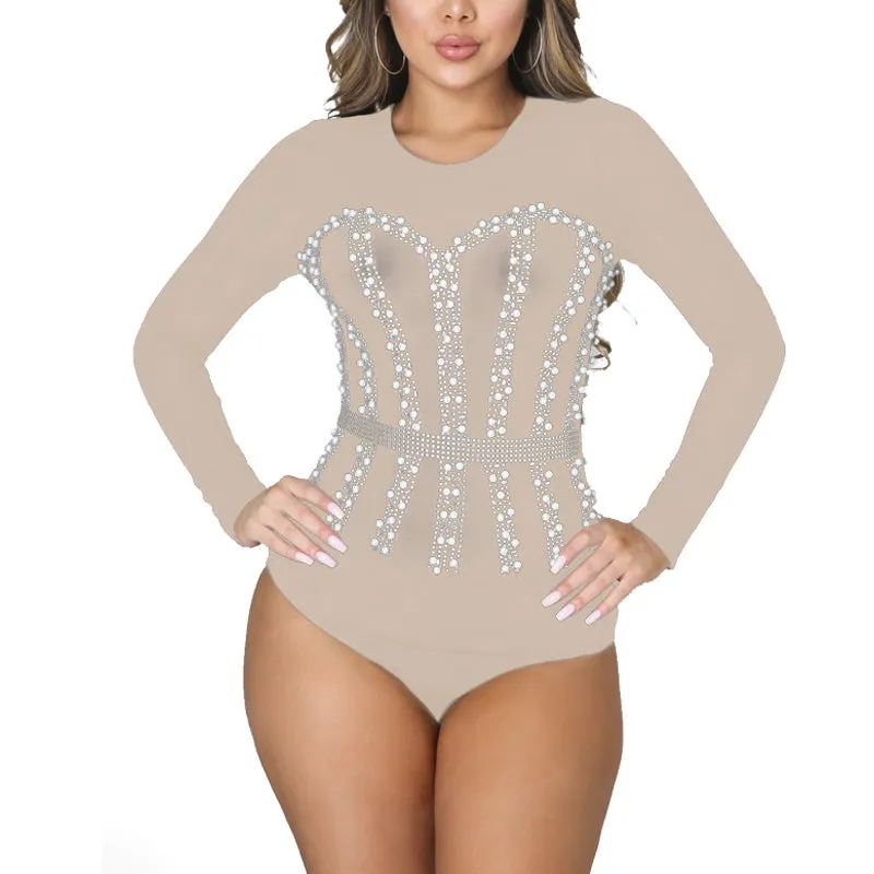 Sequins Rhinestone Patchwork Long Sleeve Bodysuit