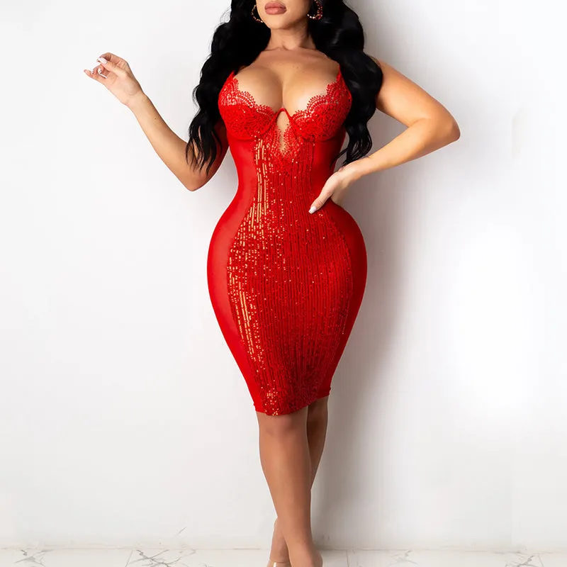 Sequins Sheer Mesh Patchwork V-Neck Sleeveless Dress
