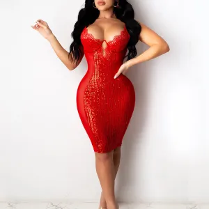 Sequins Sheer Mesh Patchwork V-Neck Sleeveless Dress