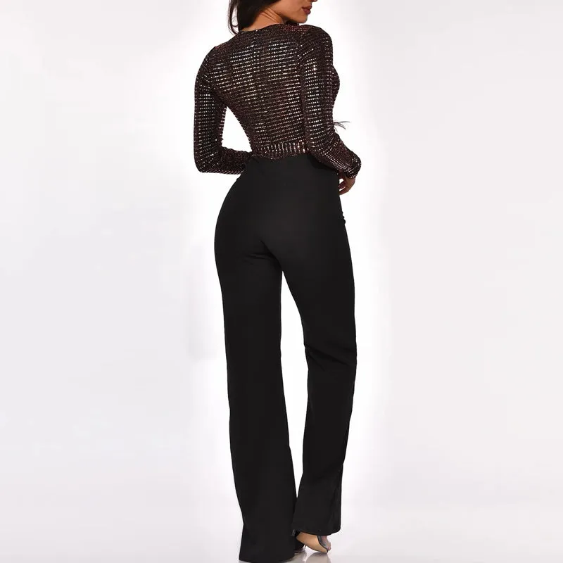 Sequins V-Neck Patchwork Long Sleeve Wide Leg Jumpsuit