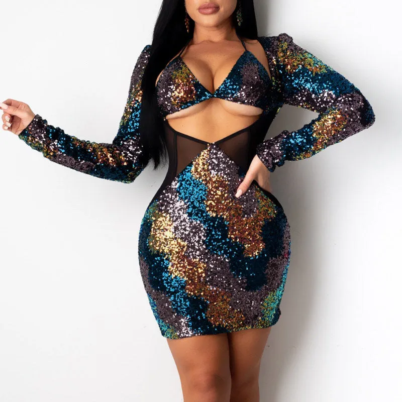 Sequins V-Neck Sheer Mesh Patchwork Long Sleeve Dress With Bra
