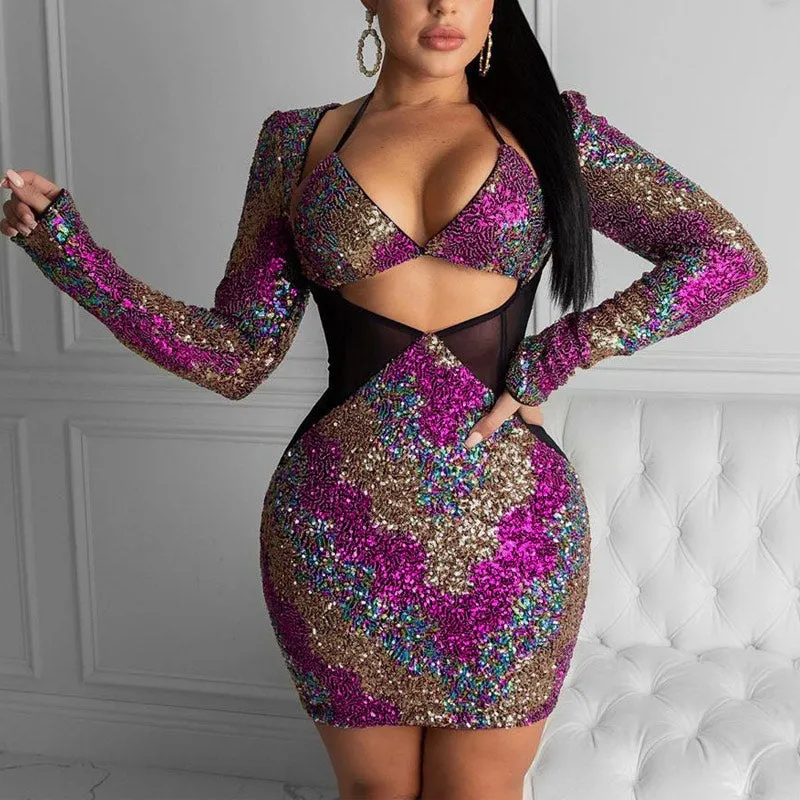 Sequins V-Neck Sheer Mesh Patchwork Long Sleeve Dress With Bra