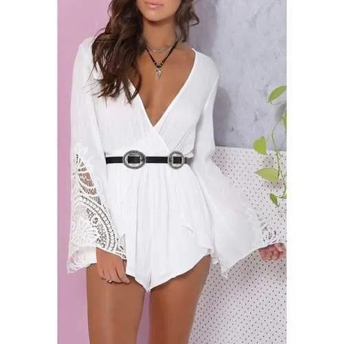 Sexy Plunging Neck Long Bell Sleeve Hollow Back Women's White Romper - White L