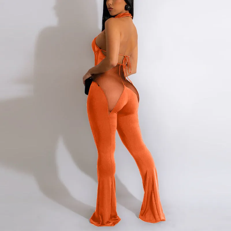 Solid Halter Sheer Mesh Patchwork Jumpsuit