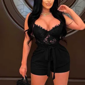 Solid Lace Patchwork Belted Jumpsuit