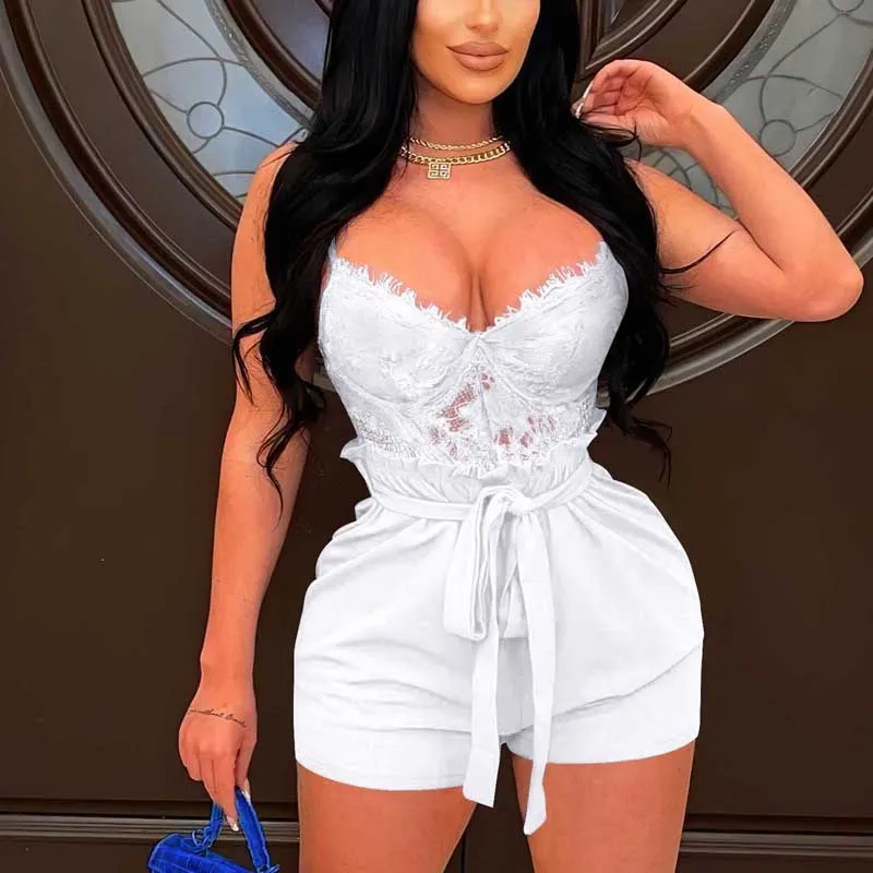 Solid Lace Patchwork Belted Jumpsuit