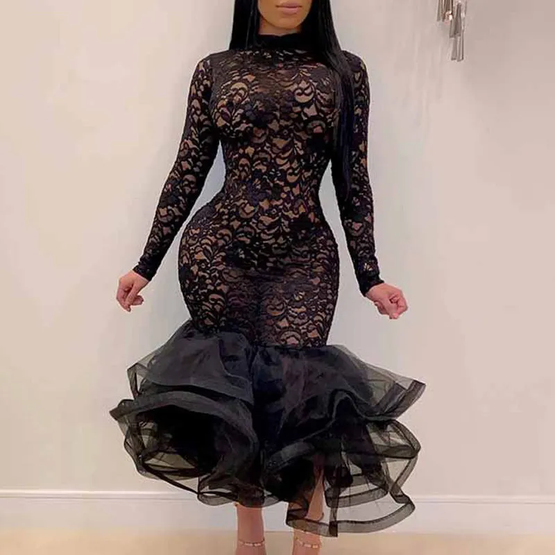 Solid Lace Patchwork Ruffle Hem Bodycon Dress