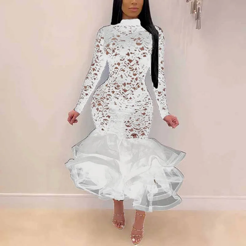 Solid Lace Patchwork Ruffle Hem Bodycon Dress