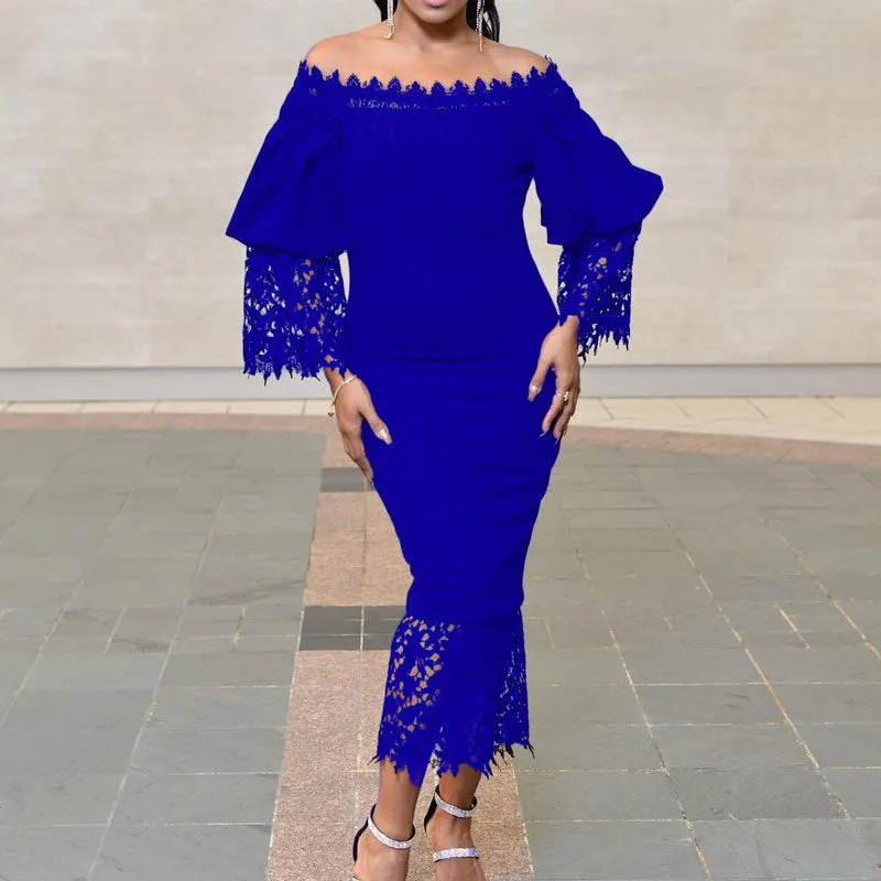 Solid Off Shoulder Lantern Sleeve Lace Patchwork Maxi Dress