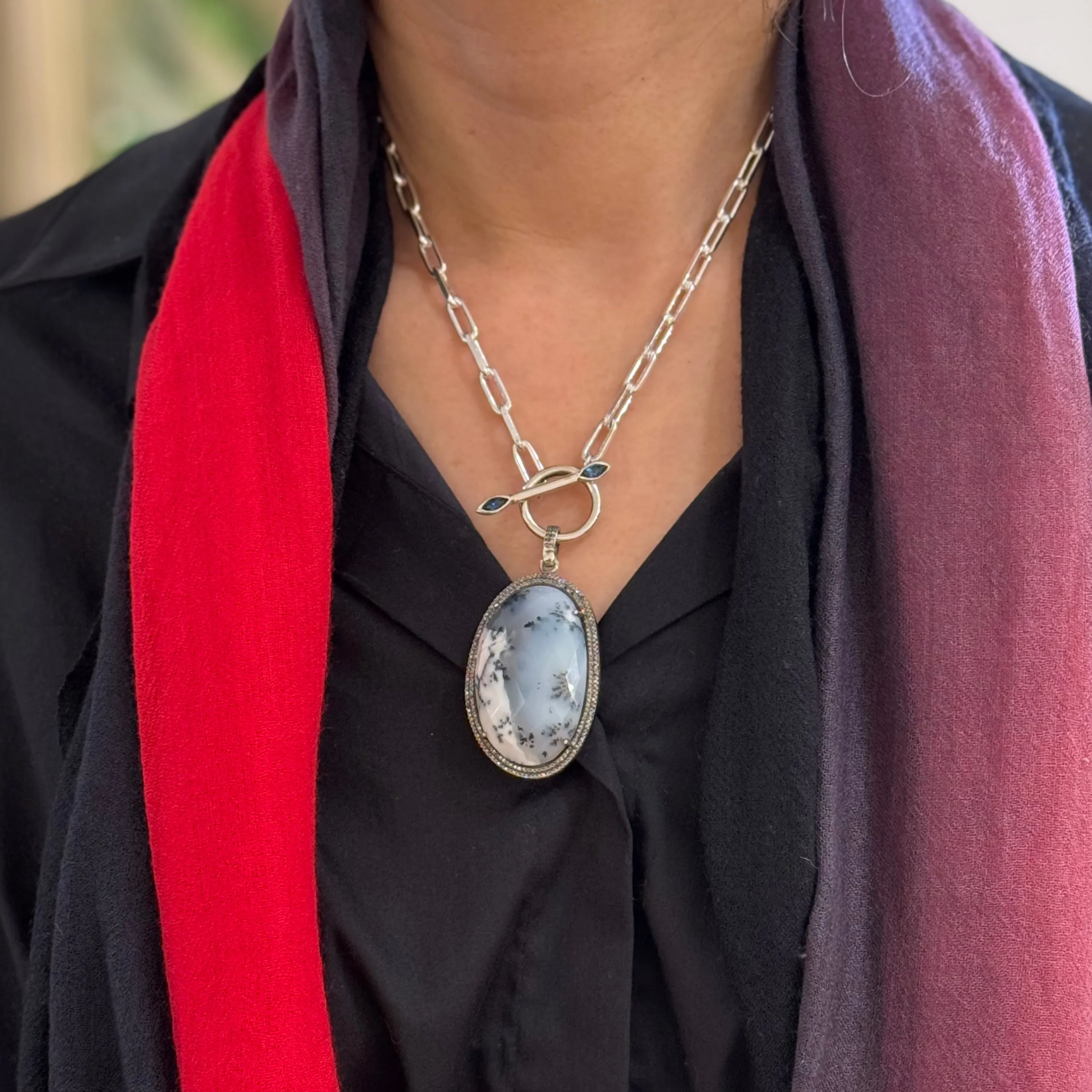 Statement Agate Pedant Silver Chain Toggle Necklace