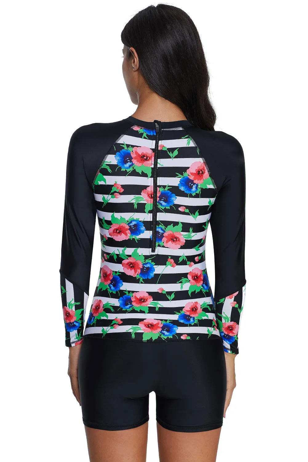 Striped Floral Patchwork Long Sleeve One-piece Swimsuit