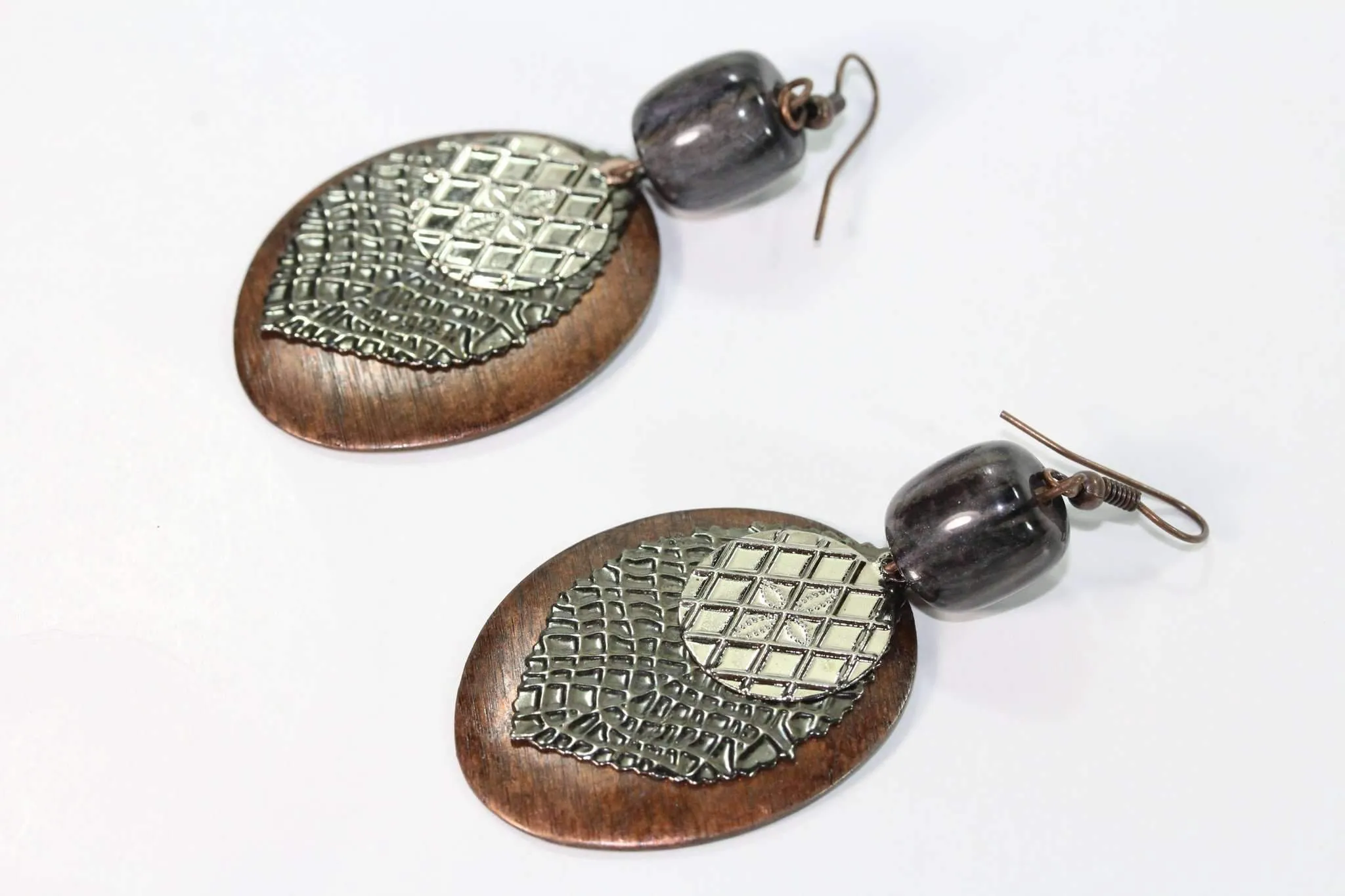 Three Disc & Stone Earrings