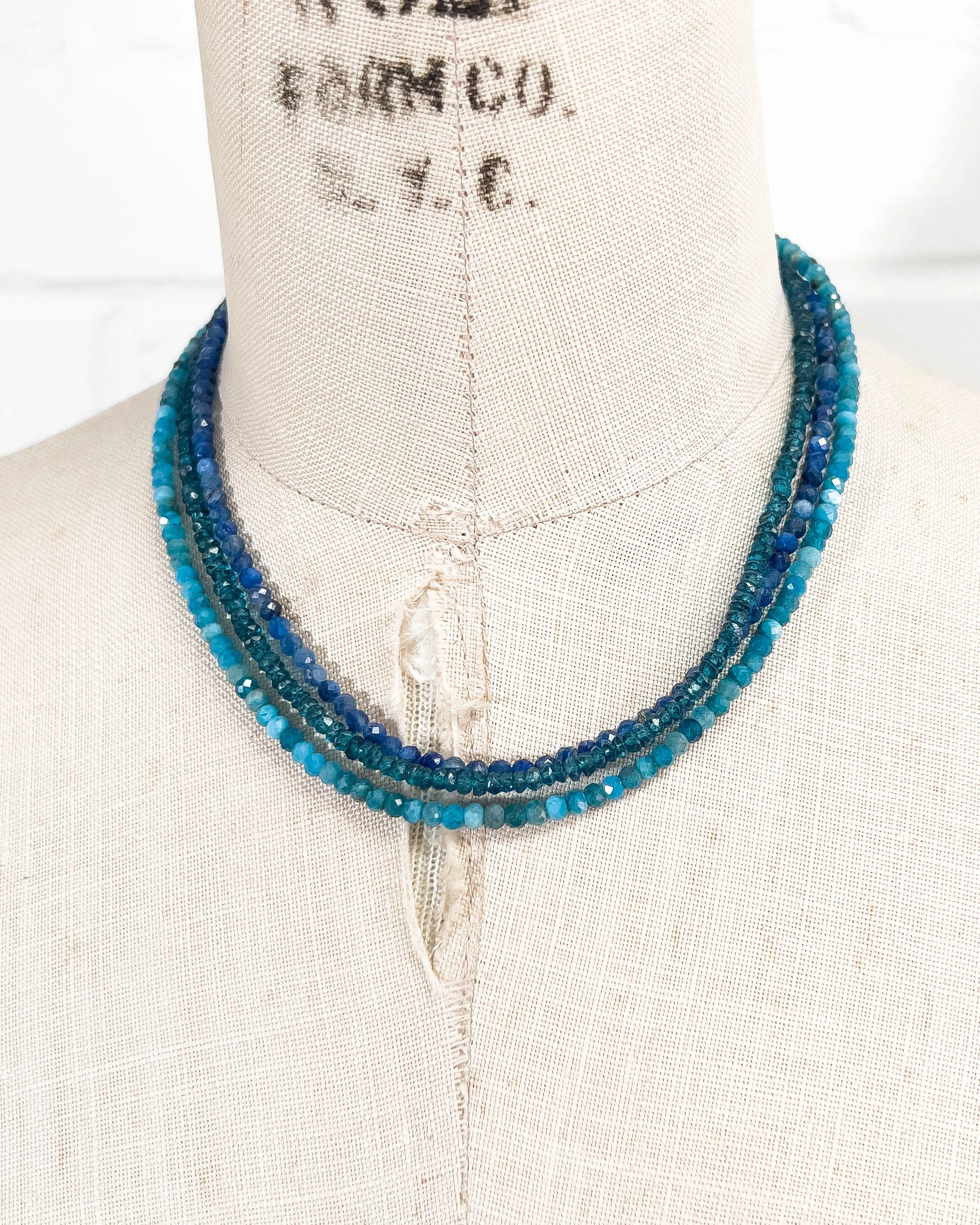 Triple Strand Kyanite, Apatite, London Blue Topaz Necklace