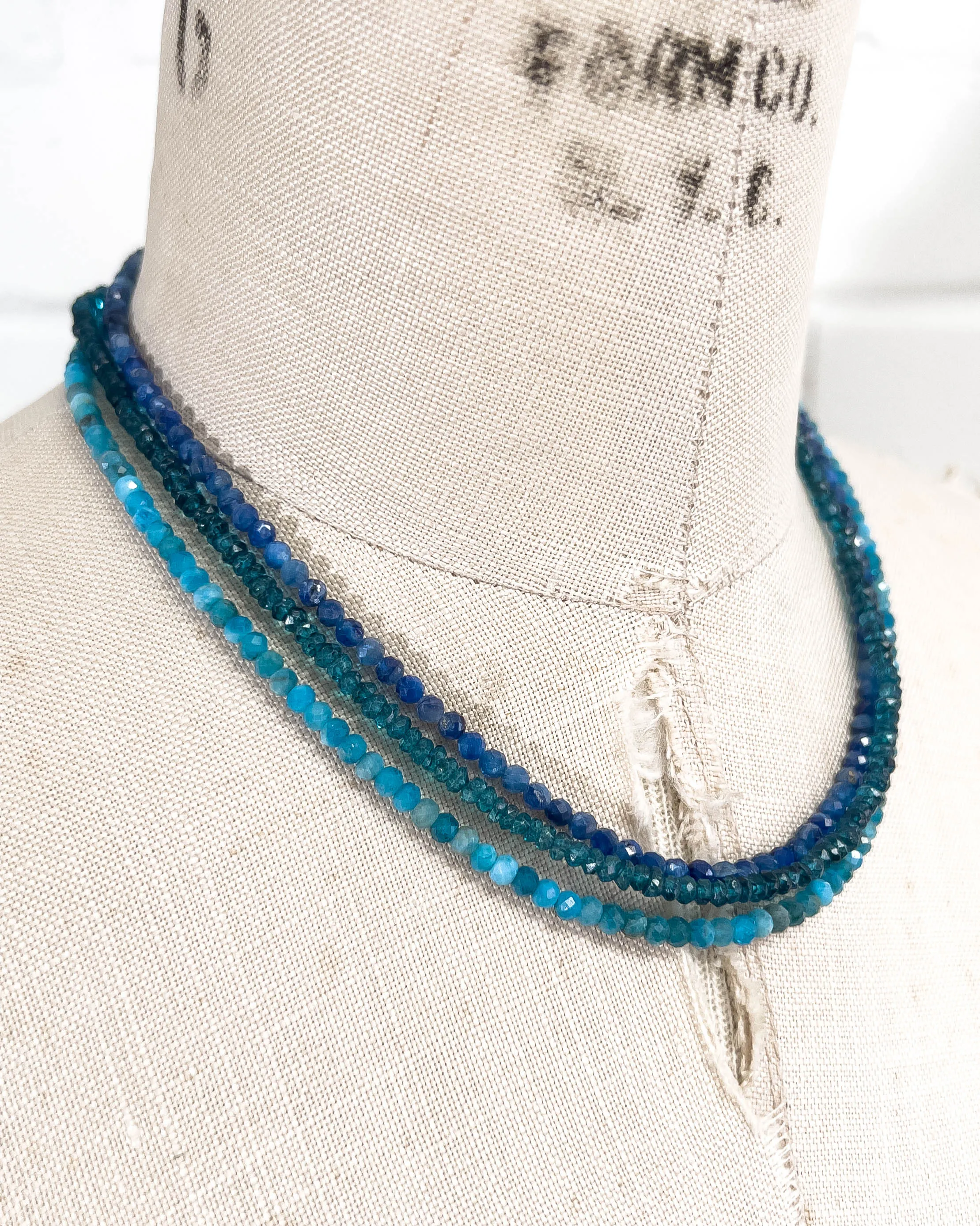 Triple Strand Kyanite, Apatite, London Blue Topaz Necklace