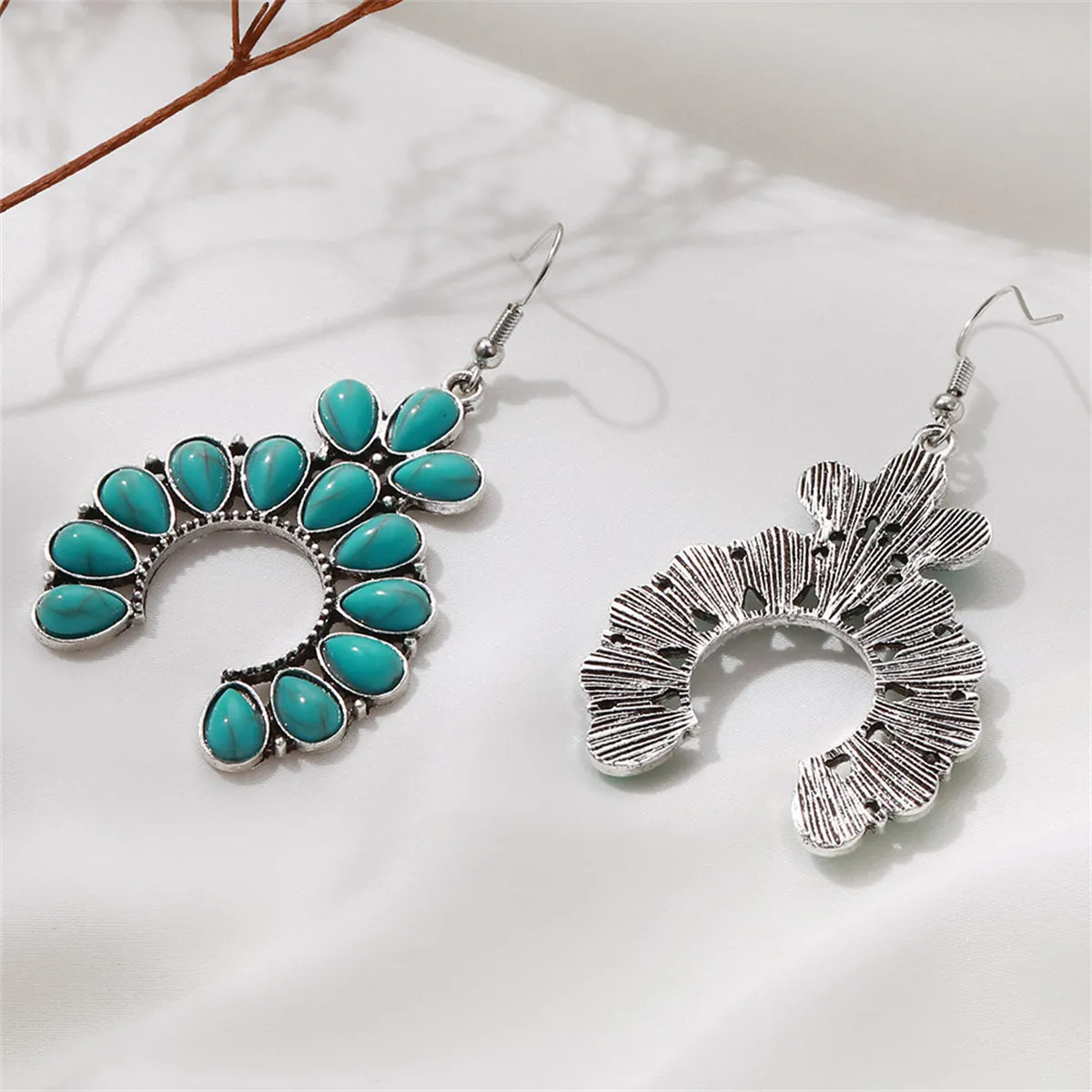 Turquoise & Silver-Plated Patchwork Round Drop Earrings