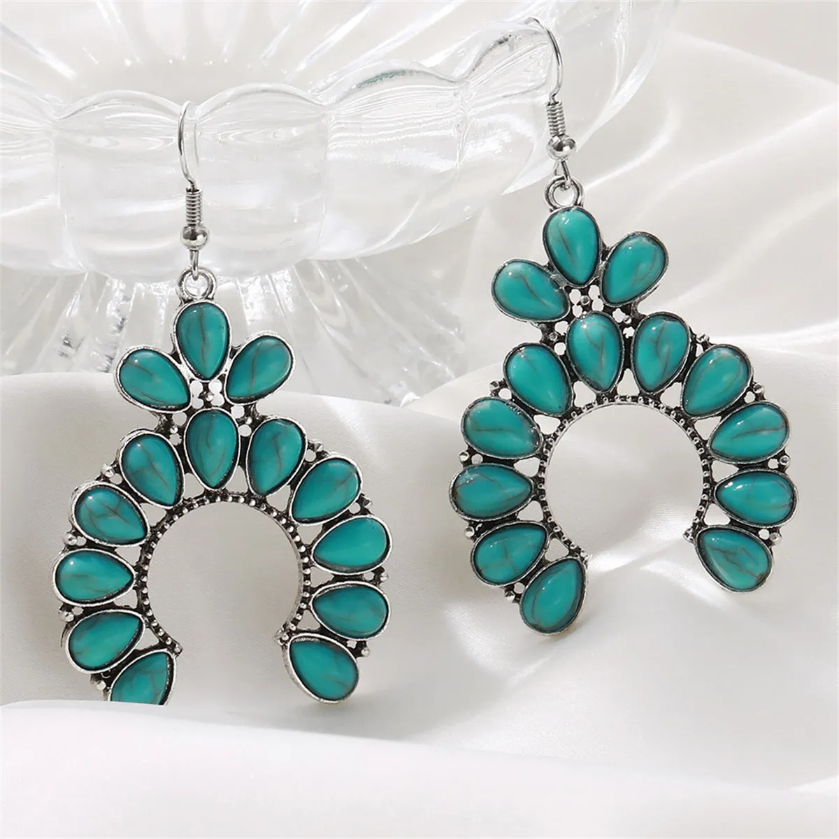 Turquoise & Silver-Plated Patchwork Round Drop Earrings
