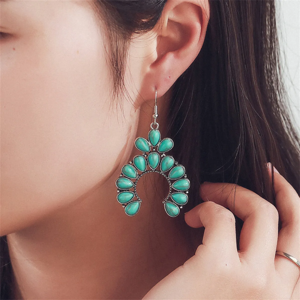 Turquoise & Silver-Plated Patchwork Round Drop Earrings
