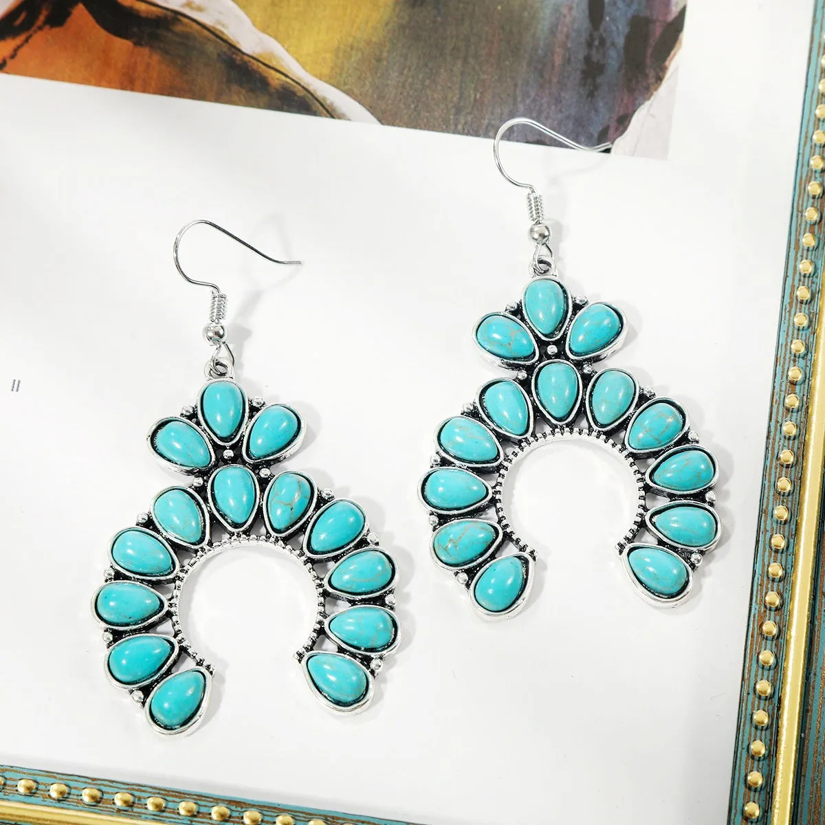 Turquoise & Silver-Plated Patchwork Round Drop Earrings