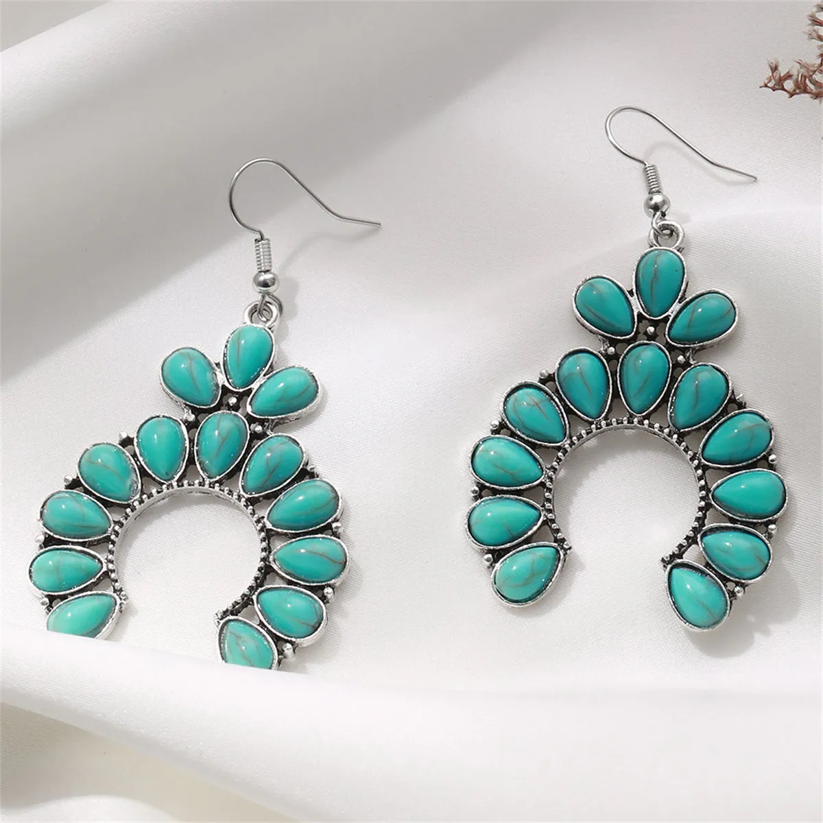 Turquoise & Silver-Plated Patchwork Round Drop Earrings