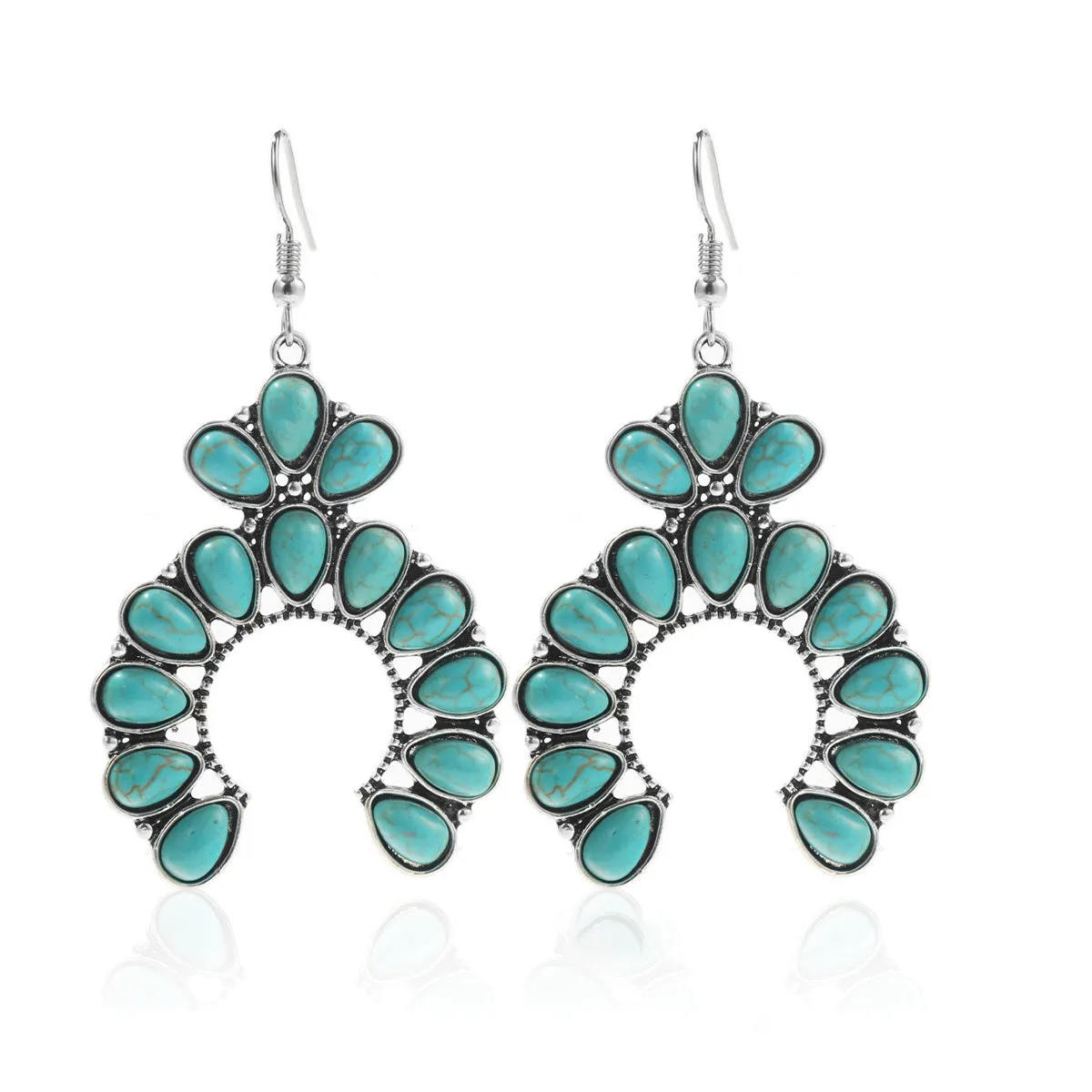 Turquoise & Silver-Plated Patchwork Round Drop Earrings