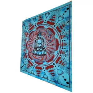 Turquoise Buddha In Dharma Chakra Mudra On A Lotus Flower Full Size Tapestry Wall Art