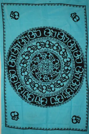 Turquoise Om Shanti Mandala Art Handloom Style Tapestry