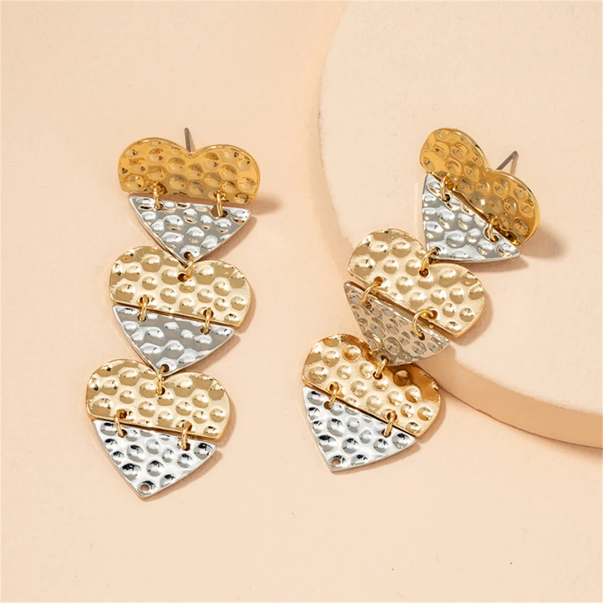 Two Tone Patchwork Heart Dangle Earrings