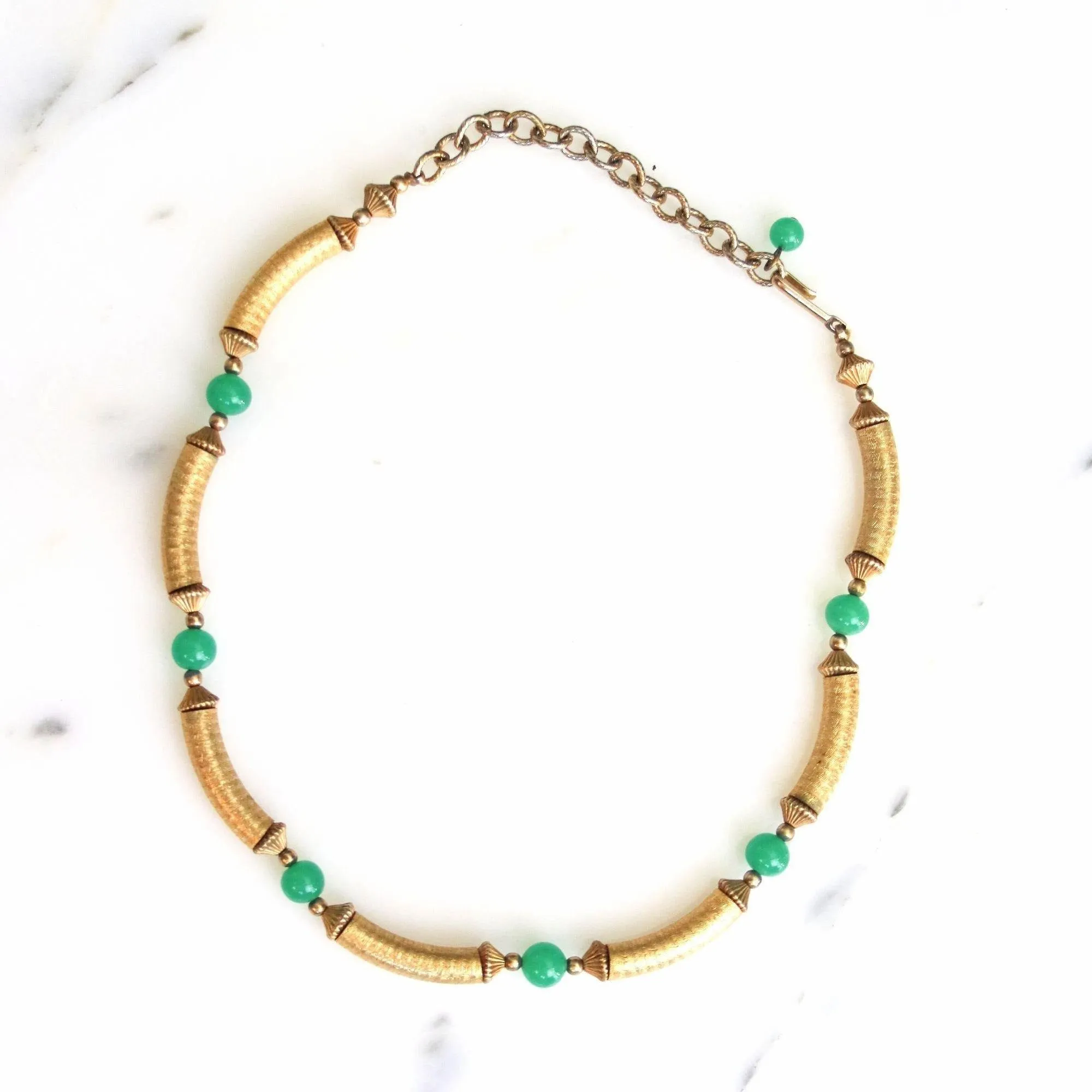 Vintage Brush Gold Long Link and Jade Glass Bead Necklace