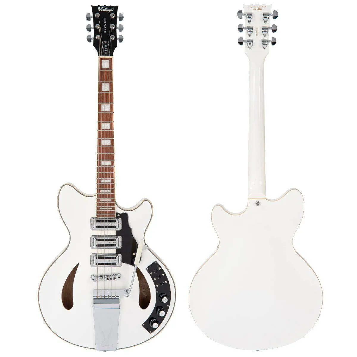 Vintage REVO Series 'Custom Supreme' Semi-Acoustic Guitar ~ Arctic White