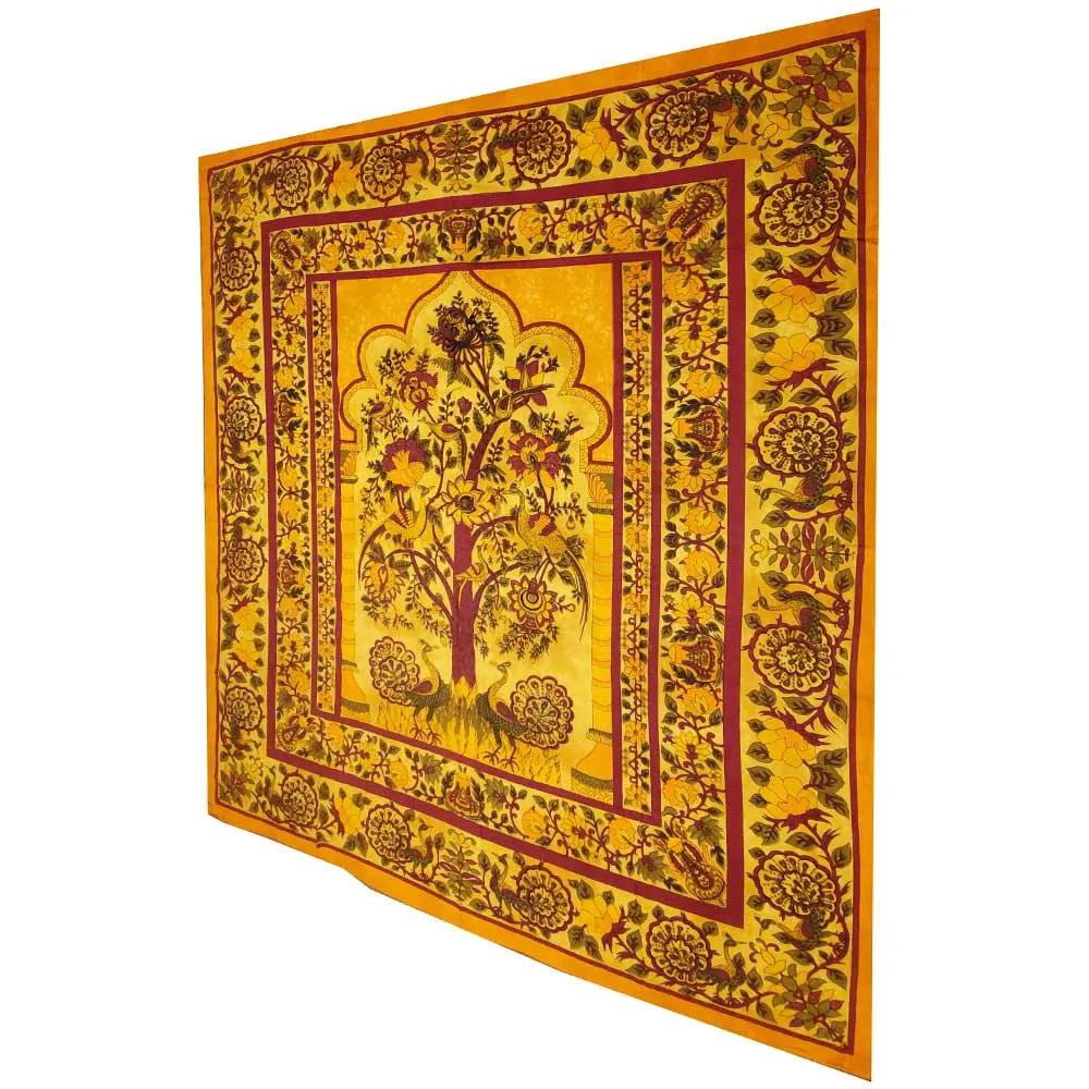 Yellow Tree of Life Peacock Tapestry Colorful Indian Wall Decor